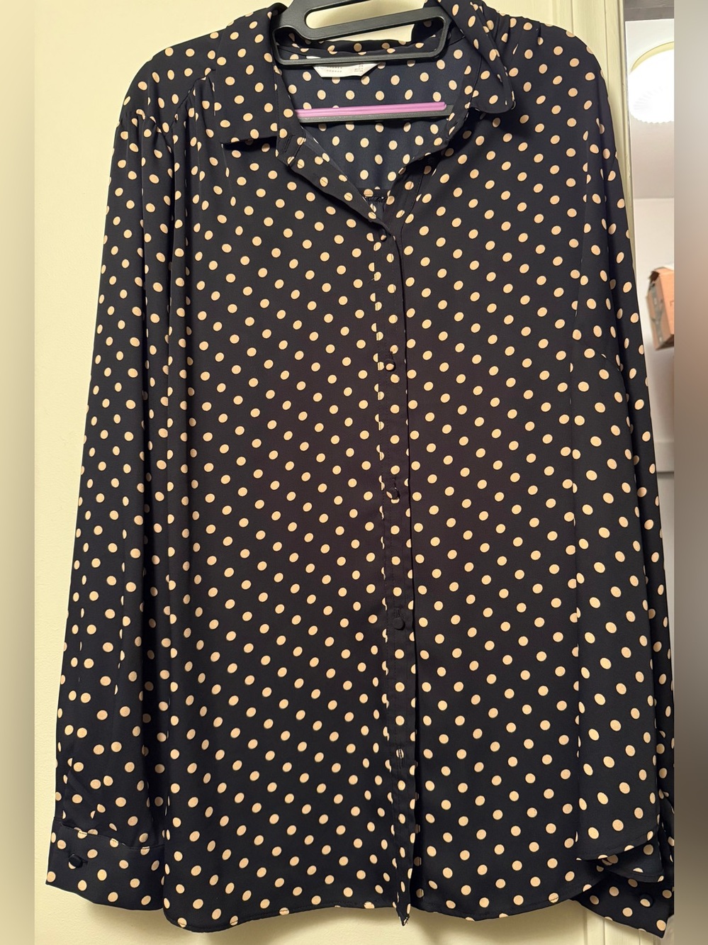 Sz 2X LC Lauren Conrad Black Button-Up Blouse with Cream Polka Dots